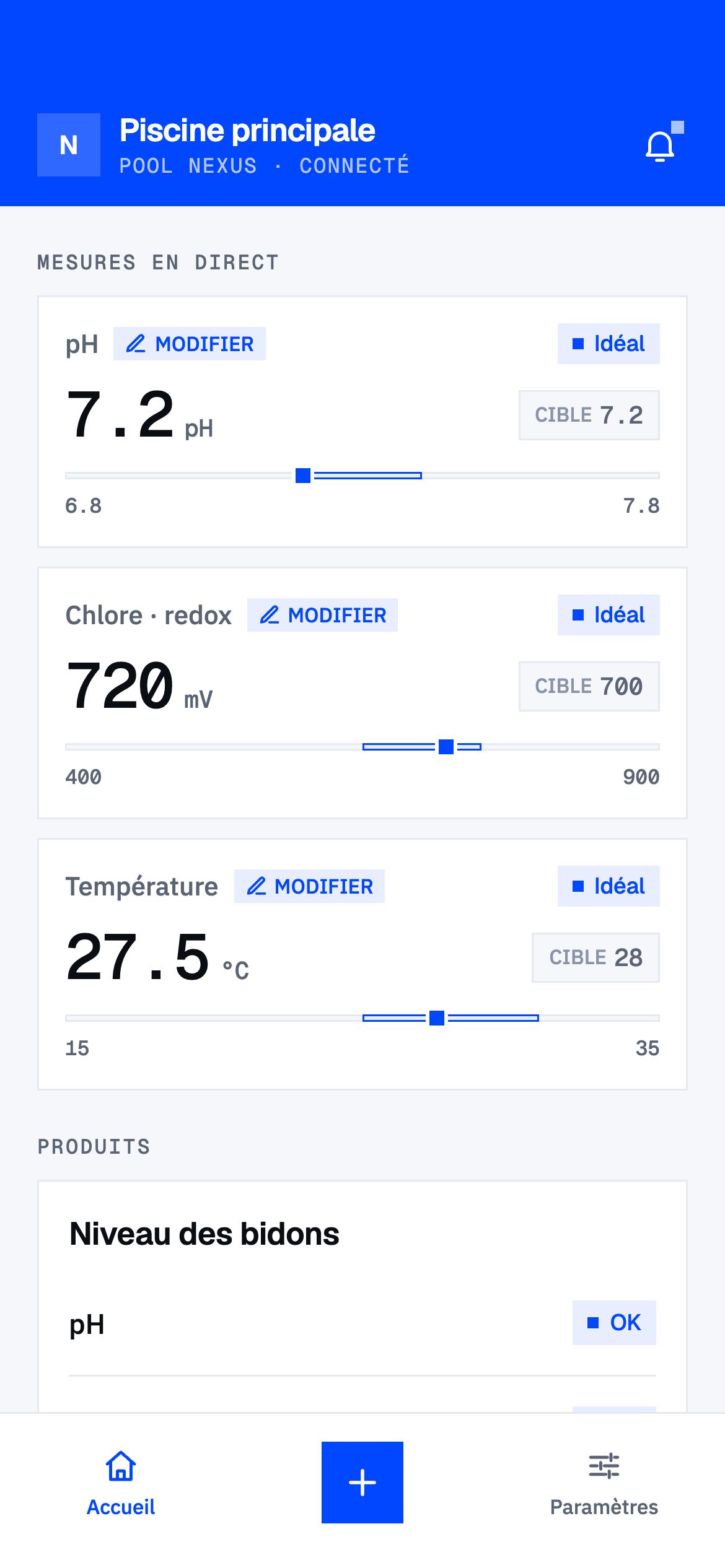 L'application Pool Nexus, écran des mesures en direct