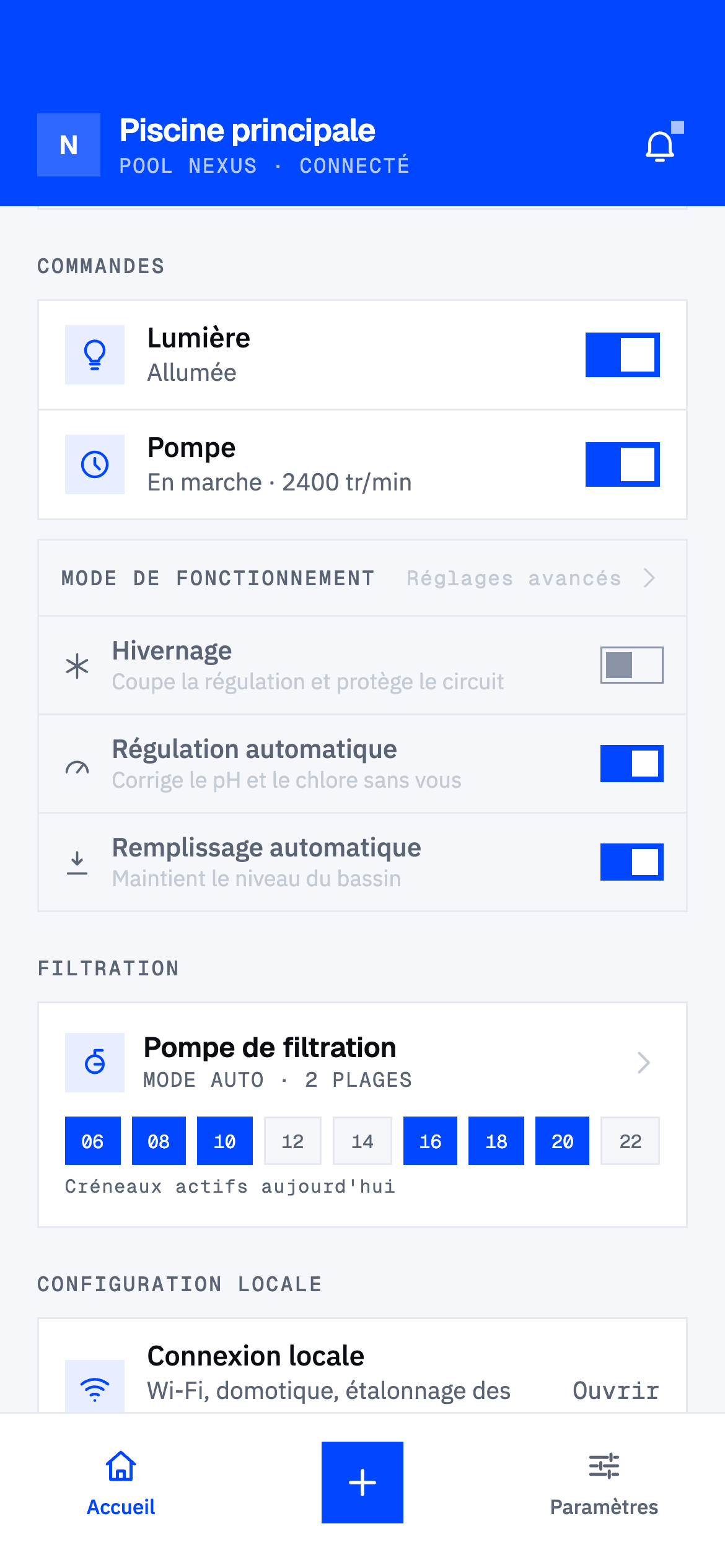 Le pilotage de l'éclairage, de la pompe et de la filtration